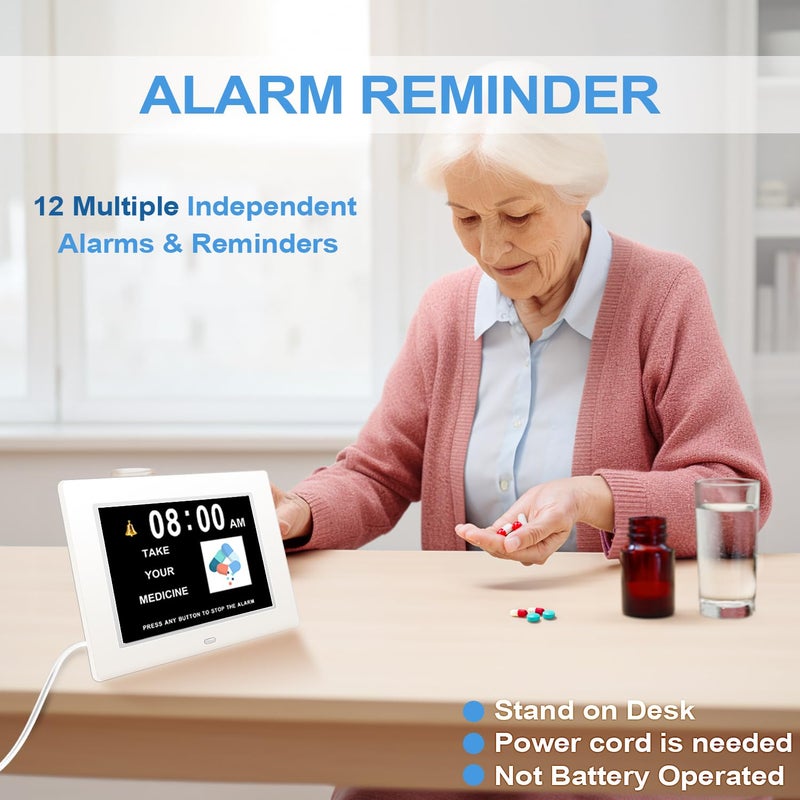 Jall ã€New 2024ã€‘ Digital Calendar Alarm Day Clock - with 8" Large Screen Display, am pm, Multiple Alarms, for Impaired Vision People, The Aged Seniors, The Dementia, for Desk, Wall Mounted, - Image 3